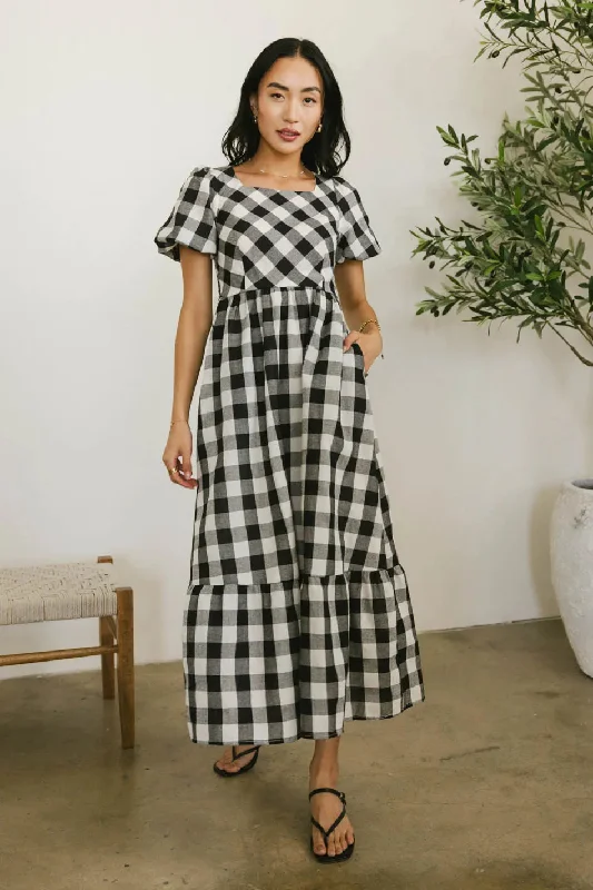 Jenna Gingham Maxi Dress in Black