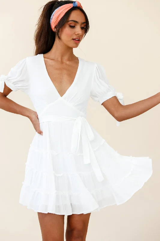 Jocelyn Short Sleeve Tied Cuff Layered Ruffle Dress White