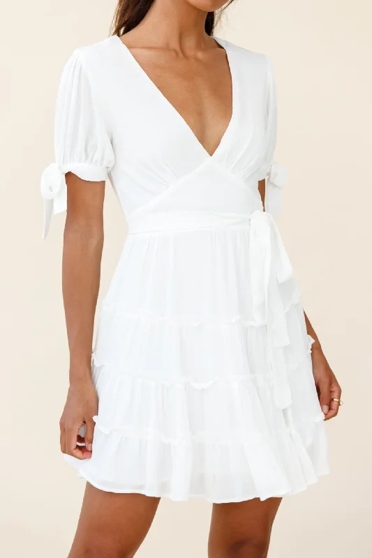 Jocelyn Short Sleeve Tied Cuff Layered Ruffle Dress White