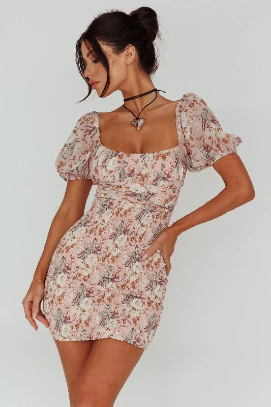 Joie Puff Sleeve Shirred Dress Floral Blush