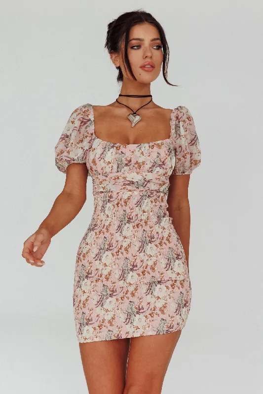 Joie Puff Sleeve Shirred Dress Floral Blush