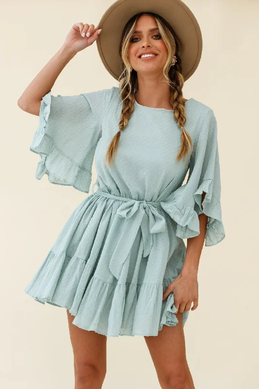 Joni Batwing Sleeve Waist Tie Dress Sage