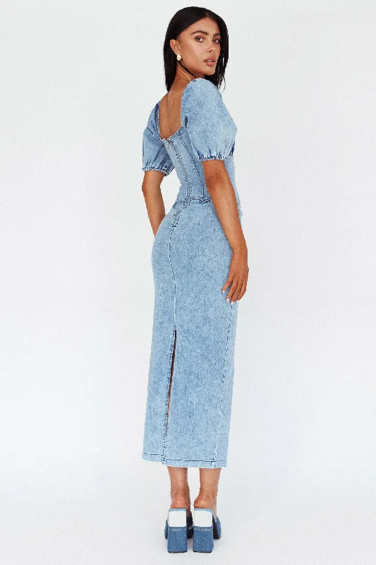 Juneau Puff Sleeve Midi Dress Denim Blue