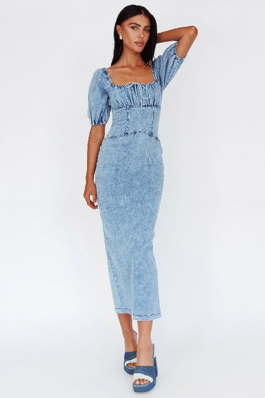 Juneau Puff Sleeve Midi Dress Denim Blue