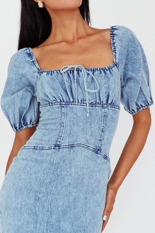 Juneau Puff Sleeve Midi Dress Denim Blue