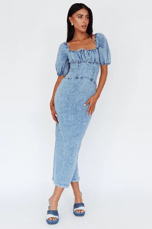 Juneau Puff Sleeve Midi Dress Denim Blue