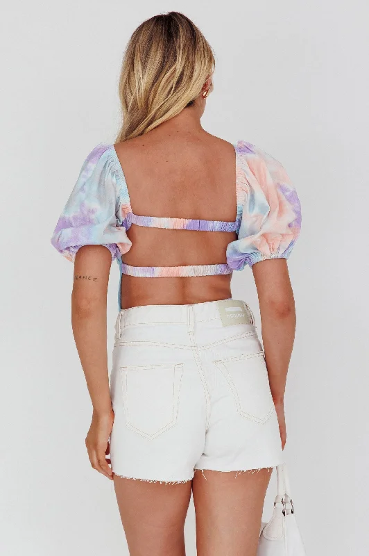 Just A Glimpse Puff Sleeve Open Back Bodysuit Tie-Dye Purple/Blue