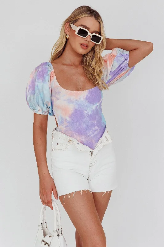 Just A Glimpse Puff Sleeve Open Back Bodysuit Tie-Dye Purple/Blue