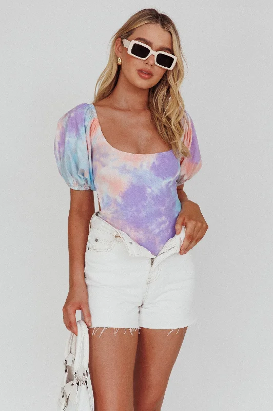 Just A Glimpse Puff Sleeve Open Back Bodysuit Tie-Dye Purple/Blue