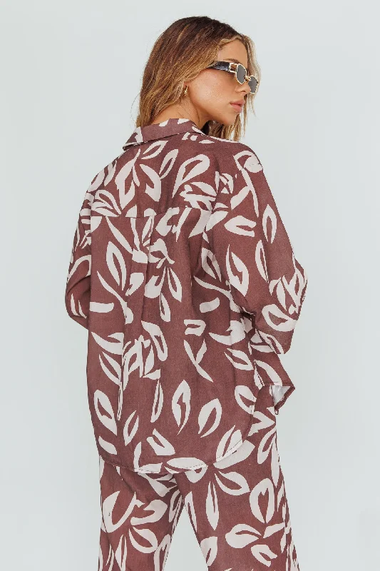 Just A Hunch Button Shirt Leaf Print Chocolate