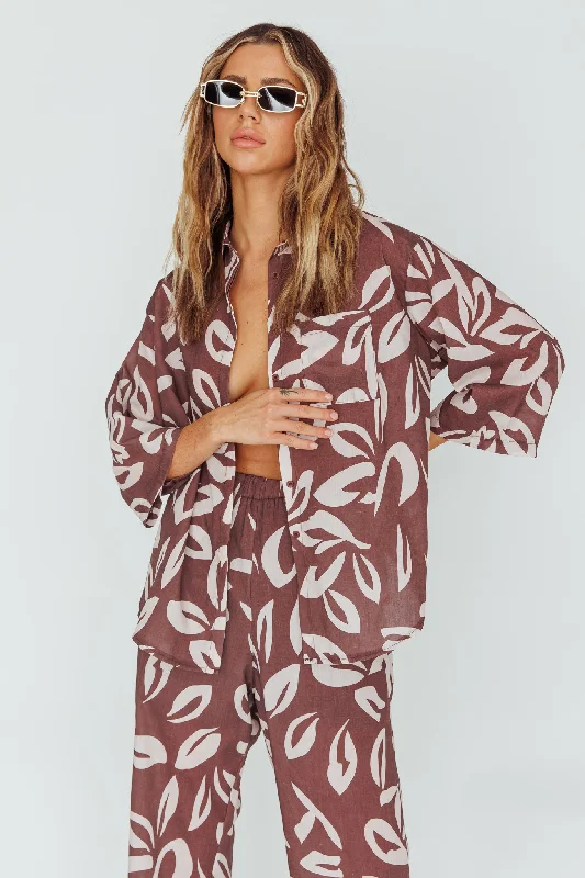 Just A Hunch Button Shirt Leaf Print Chocolate