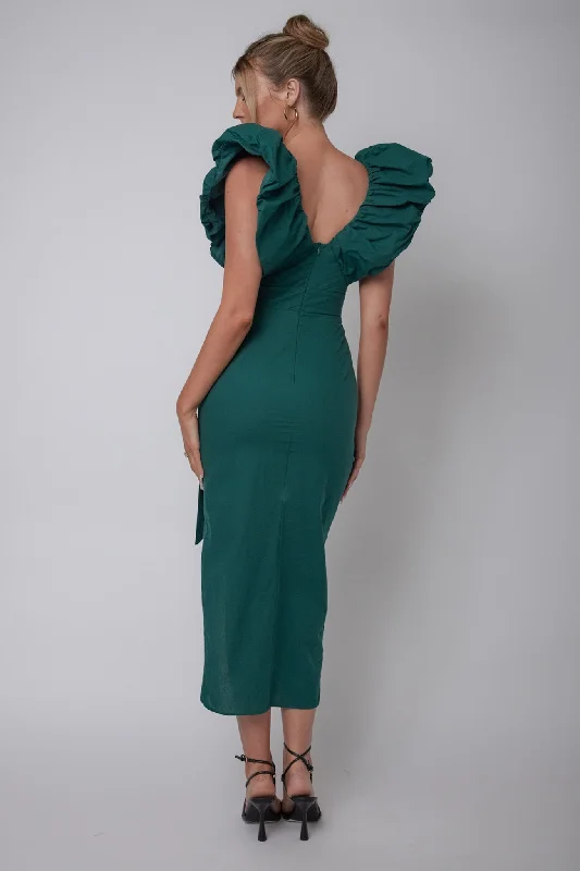 Kahlo Ruffle Neckline Wrap Midi Dress Green