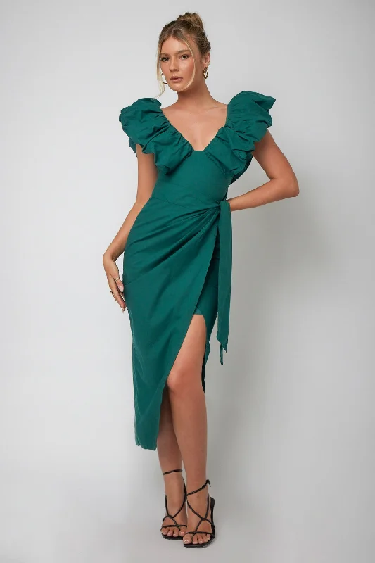 Kahlo Ruffle Neckline Wrap Midi Dress Green