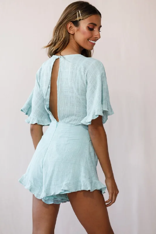 Karin Frill Trim Waist Tie Romper Sage