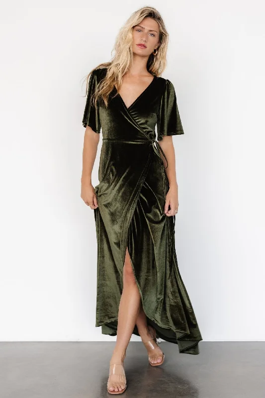 Katelyn Velvet Maxi Wrap Dress | Dark Olive