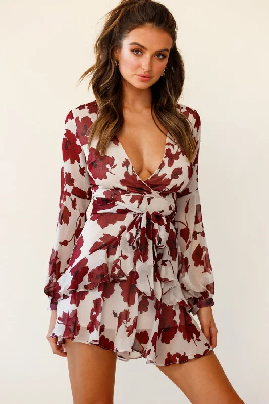 Kerry Layered Balloon Sleeve Dress Floral Print Beige