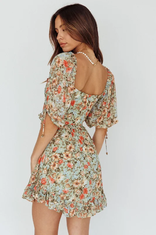 Kirra Puff Sleeve Ruched Bodice Dress Floral Green