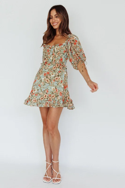 Kirra Puff Sleeve Ruched Bodice Dress Floral Green