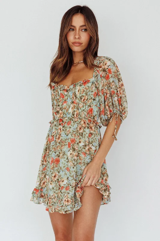 Kirra Puff Sleeve Ruched Bodice Dress Floral Green