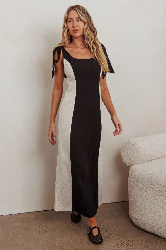 Kiss City Tied Shoulders Contrast Maxi Dress Black/Oat