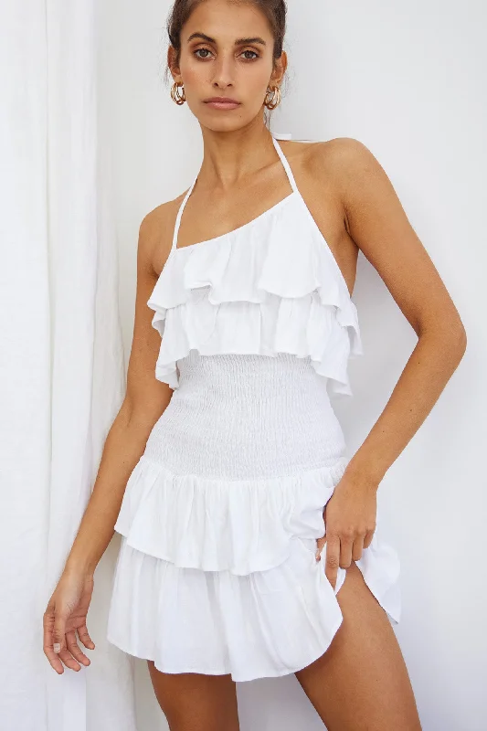 Kristy Halterneck Shirred Bodice Ruffle Mini Dress White