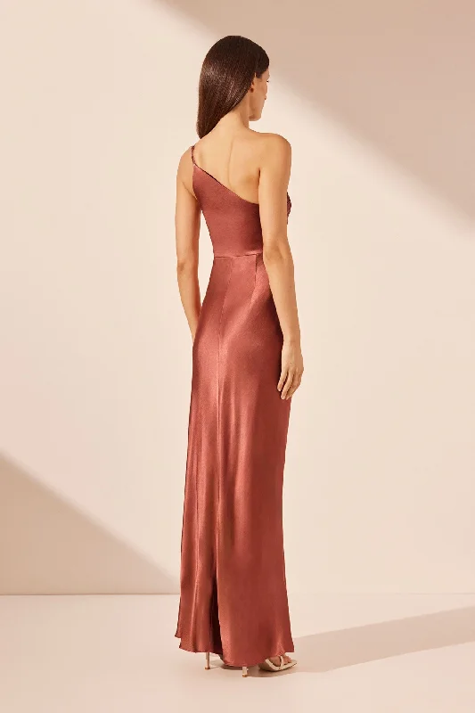 LA LUNE ASYMMETRICAL GATHERED MAXI DRESS - TERRACOTTA