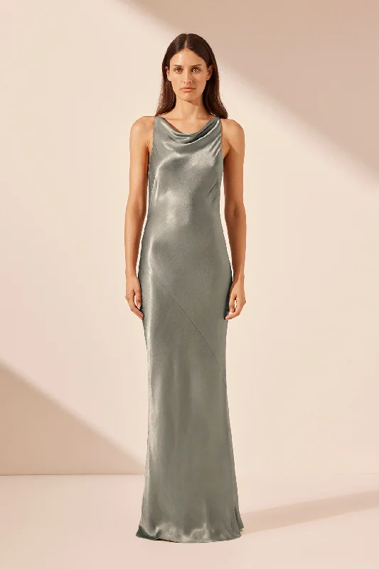 LA LUNE HIGH NECK COWL MAXI DRESS - SAGE