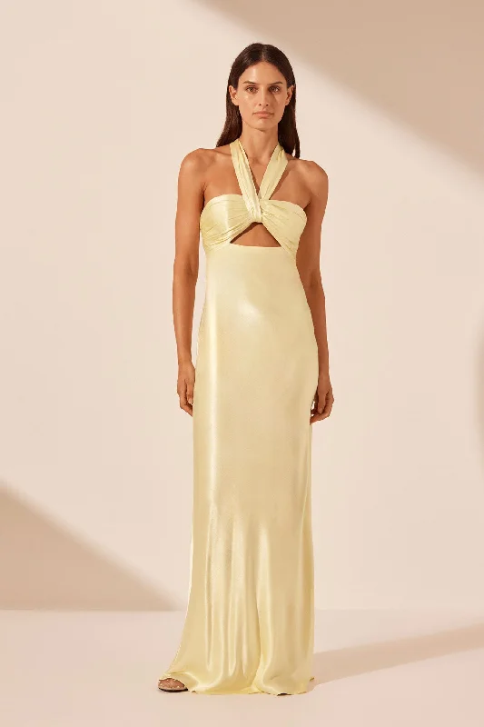 LA LUNE RUCHED HALTER MAXI DRESS - LEMON