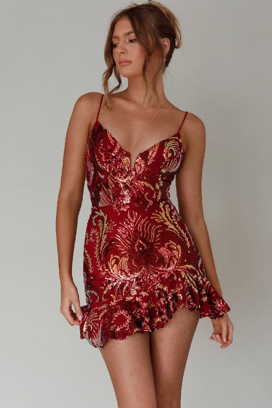 Lake Como Fitted Bodice Sequin Mini Dress Red