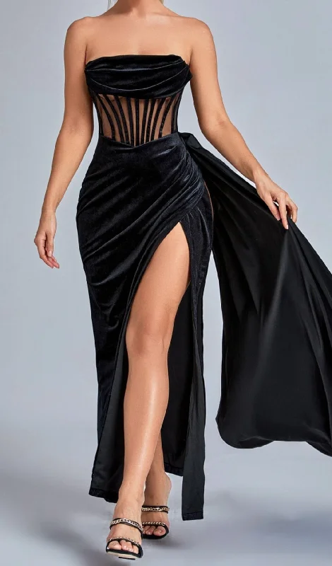 BLACK CORSET VELVET SLIT MAXI DRESS