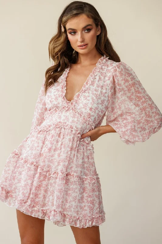 Laney Cutout Back Ruffle Trim Dress Floral Print Blush