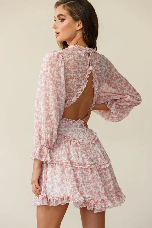 Laney Cutout Back Ruffle Trim Dress Floral Print Blush