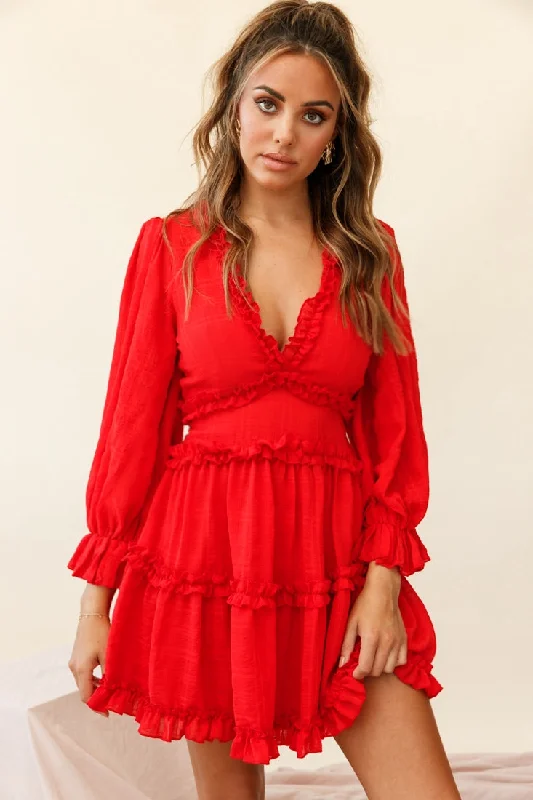 Laney Cutout Back Ruffle Trim Dress Red