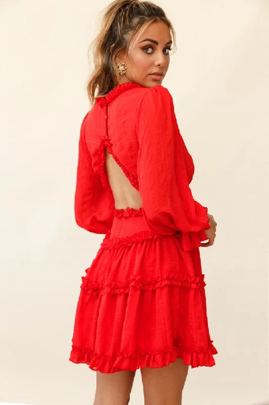 Laney Cutout Back Ruffle Trim Dress Red