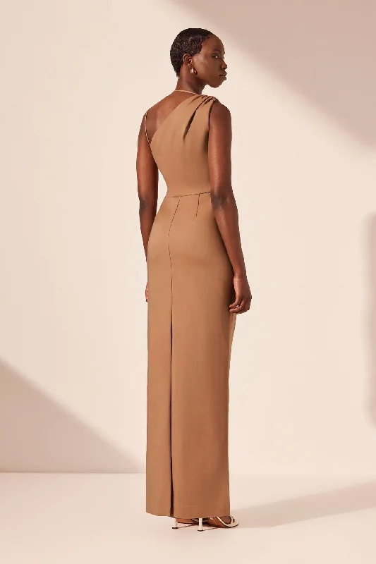 LANI ASYMMETRICAL GATHERED MAXI DRESS - CINNAMON