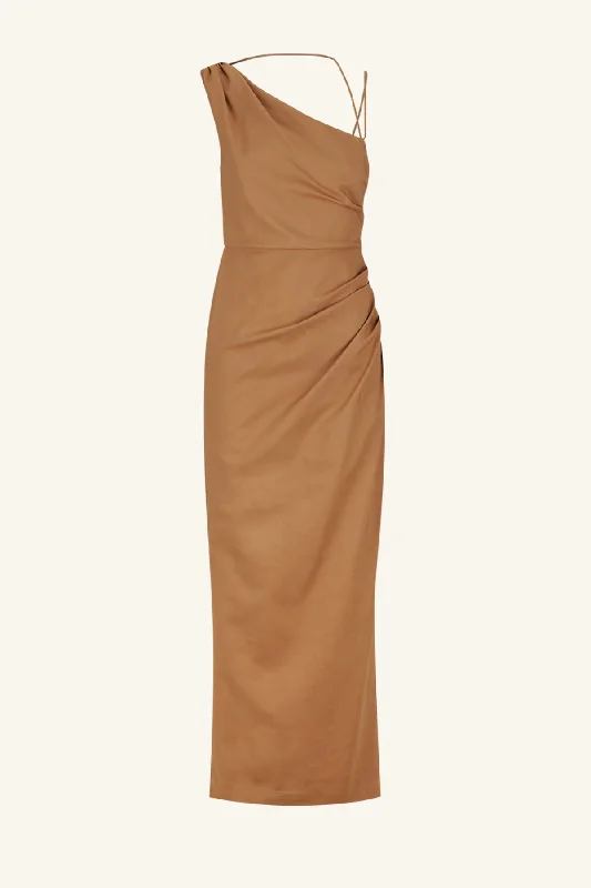 LANI ASYMMETRICAL GATHERED MAXI DRESS - CINNAMON