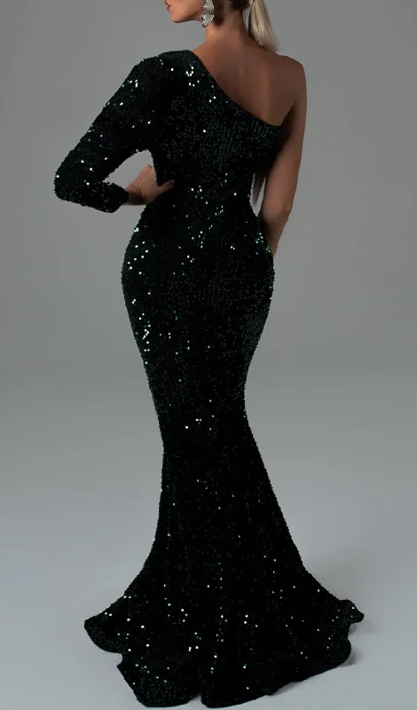 ONE SHOULDER SEQUIN MAXI DRESS - BLACK