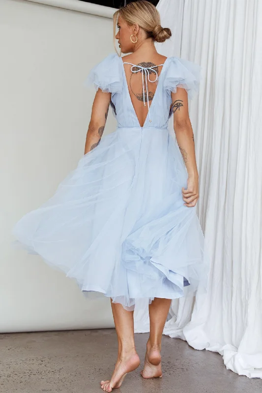 Leap Of Faith Frill Shoulder Tulle Midi Dress Blue