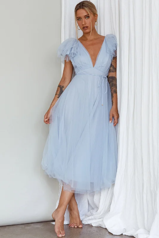 Leap Of Faith Frill Shoulder Tulle Midi Dress Blue