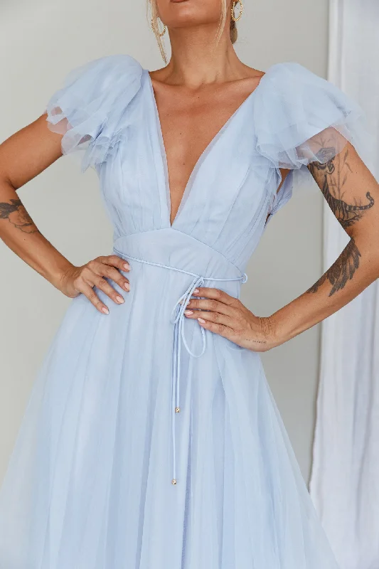 Leap Of Faith Frill Shoulder Tulle Midi Dress Blue