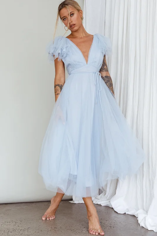 Leap Of Faith Frill Shoulder Tulle Midi Dress Blue