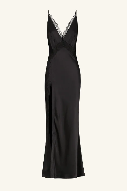 LETICIA SILK LACE SPLIT MAXI DRESS - BLACK