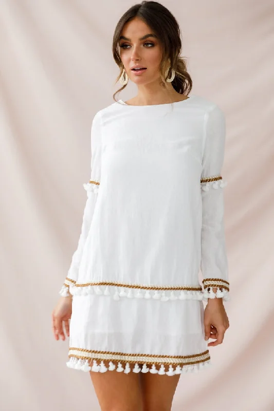 Leticia Tassel Trim Shift Dress White