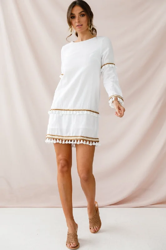 Leticia Tassel Trim Shift Dress White