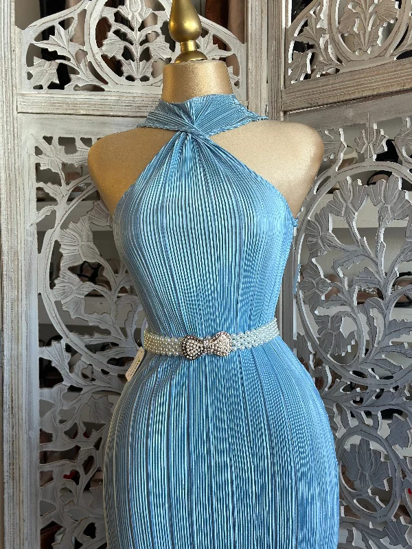 Light Blue Scrunched Twisted Front Dress- Stretchy