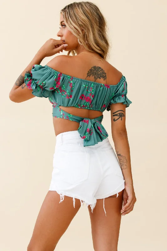 Linka Off-Shoulder Tie-Back Crop Top Pink Floral Print Sage