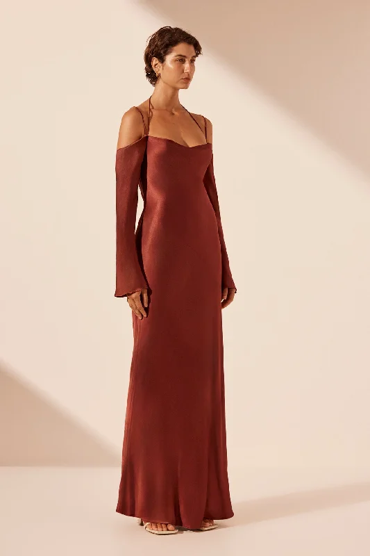 LINO OFF SHOULDER TIE MAXI DRESS - MAHOGANY