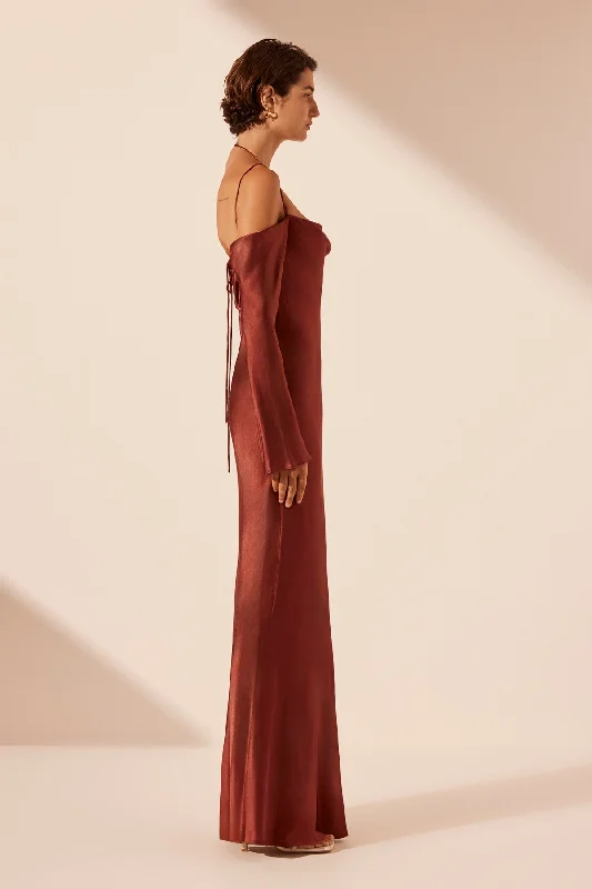 LINO OFF SHOULDER TIE MAXI DRESS - MAHOGANY