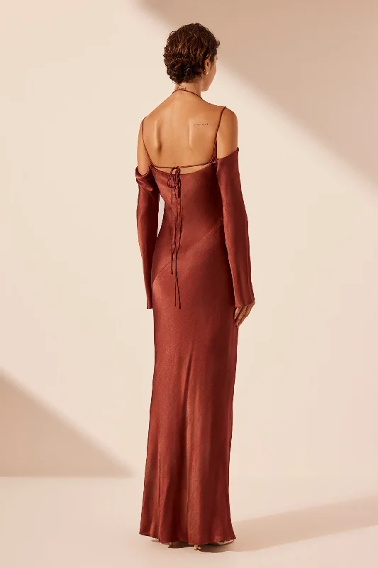 LINO OFF SHOULDER TIE MAXI DRESS - MAHOGANY