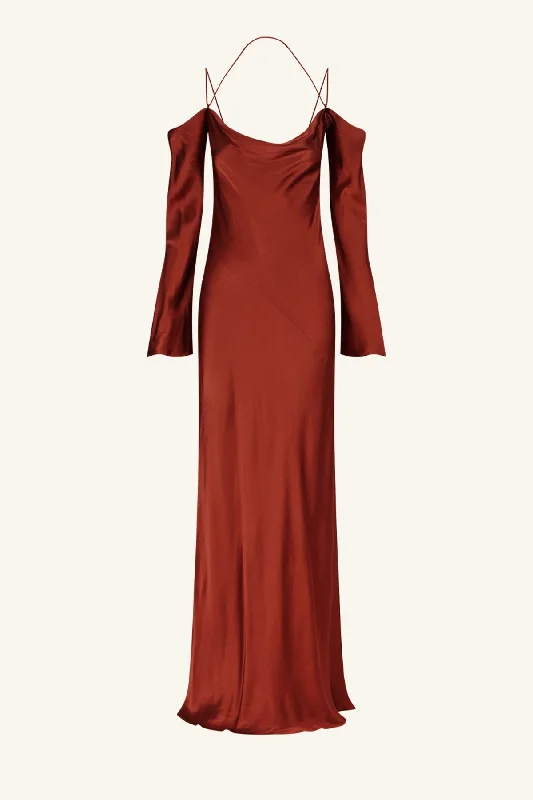 LINO OFF SHOULDER TIE MAXI DRESS - MAHOGANY